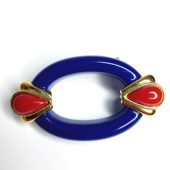 Vintage 80s - 90s Oval Blue Red Gold Tone Brooch Pin Fashion Jewerly Nautical - Picture 2 of 3